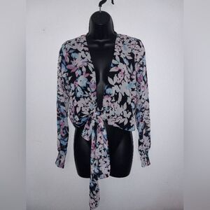 Barlll sheer black floral tie blouse